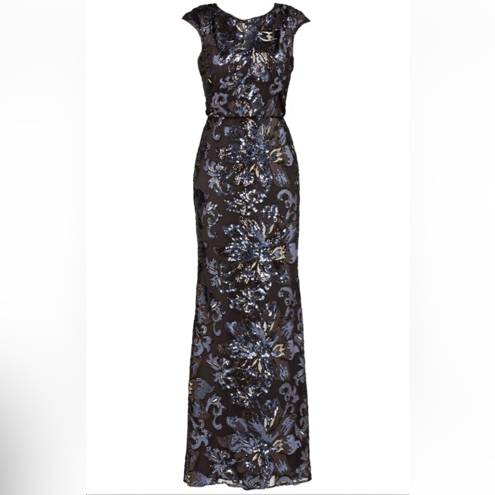 Badgley Mischka Midnight Swirl Black Blue Silver Gold Sequin Gown Womens size 0.